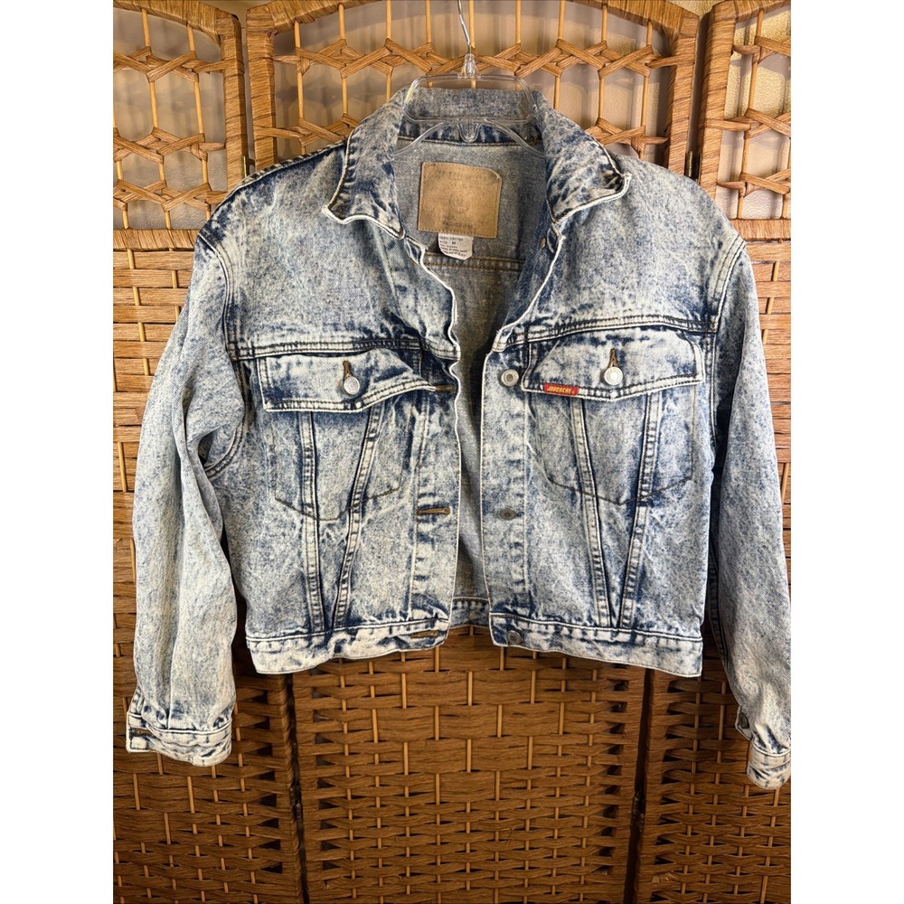 Vintage 80s Jordache Denim Jacket Womens M Acid Wash Cropped Asymmetrical Prop